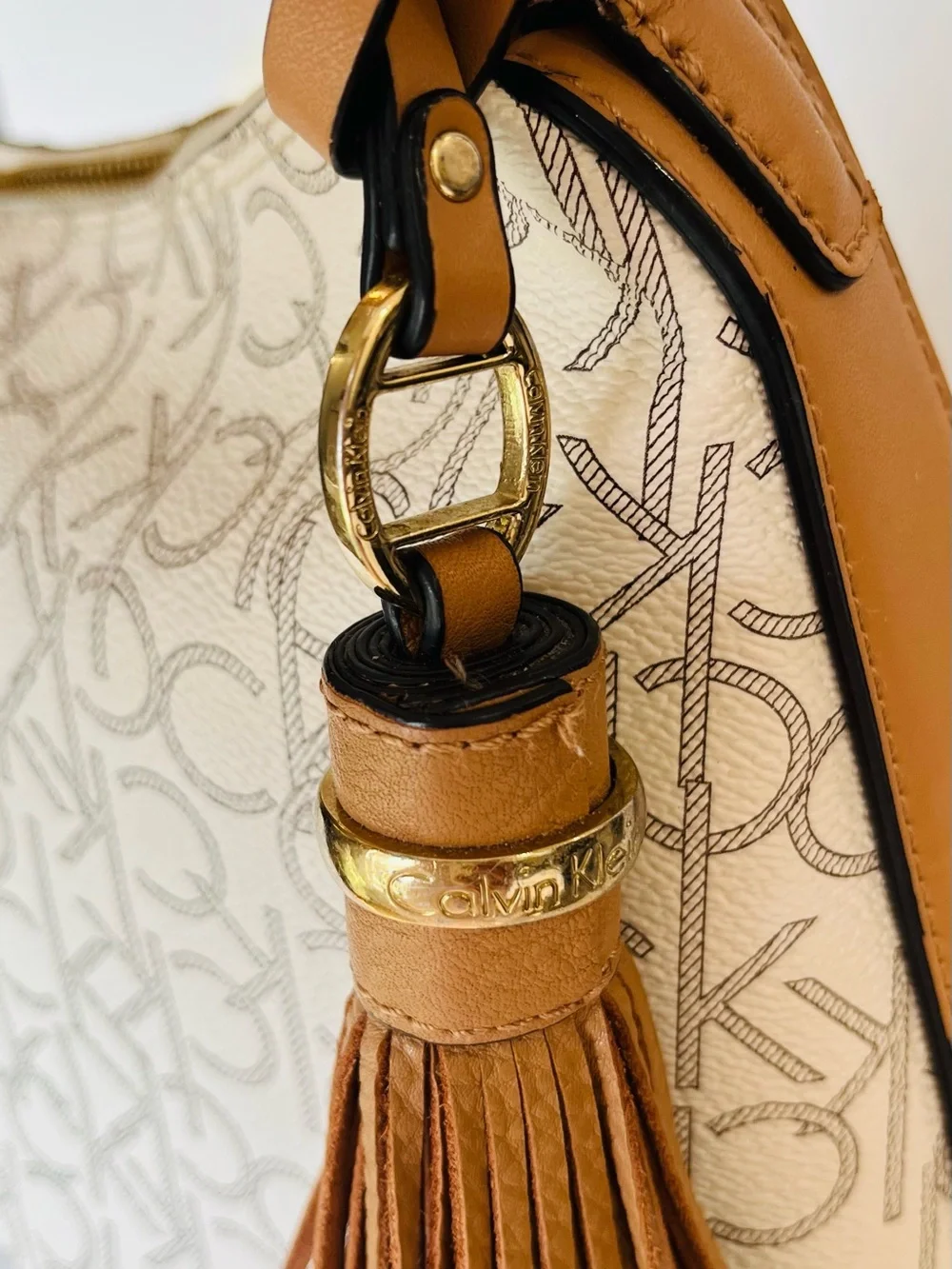 CALVIN KLEIN Shoulder Bag “HOLLY” Monogram Hobo Gold-Tone Tassel 13x11x6”